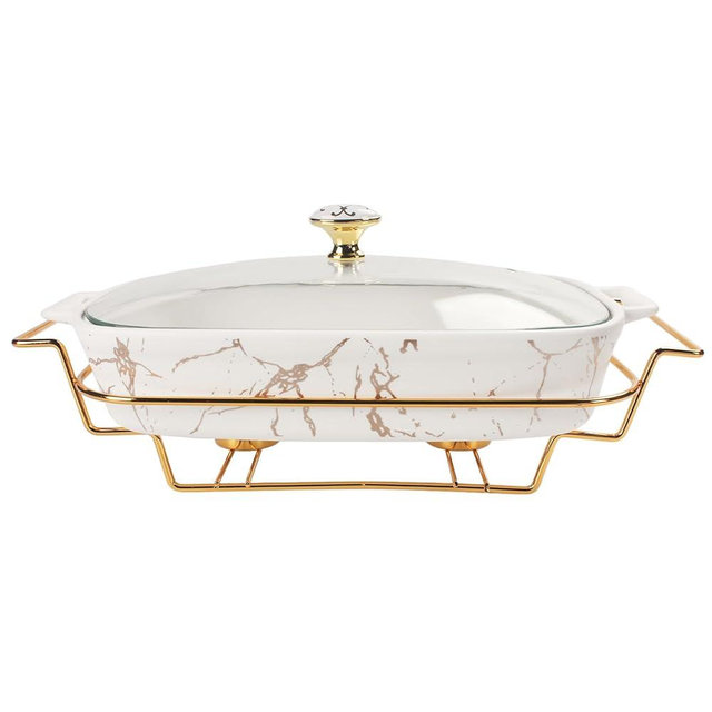 jinsongdafa 12" x 8" Ceramic Casserole Dish with Glass Lid and rack, 1.6 Quart Serving Soup Tureen,Chafing Dish for Buffet, Family Food preserve Tray, Catering Casserole for Party Style