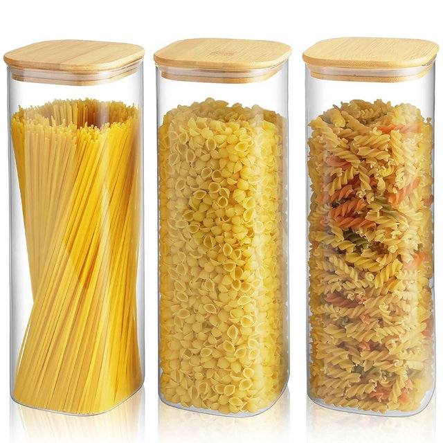 Glass Spaghetti Pasta Storage Container - 3 Pack 82 OZ Airtight Food Storage Jar Set with Bamboo Lid Labels - Tall Square Kitchen Pantry Canister Organizers for Noodle Cookies Flour Cereal Coffee Bean