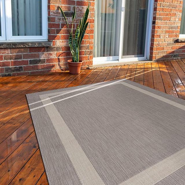 CAMILSON Outdoor Rug - Modern Area Rugs for Indoor and Outdoor patios, Kitchen and Hallway mats - Washable Outside Carpet (6x9, Bordered - Grey / White)