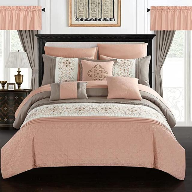 Chic Home Emily 20 Piece Comforter Set Color Block Floral Embroidered Bag Bedding-Sheets Window Treatments Decorative Pillows Shams Included, Queen, Coral