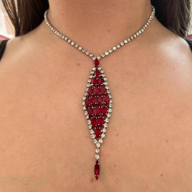 1950s Sparkly Red Diamanté Bling Pendant Necklace