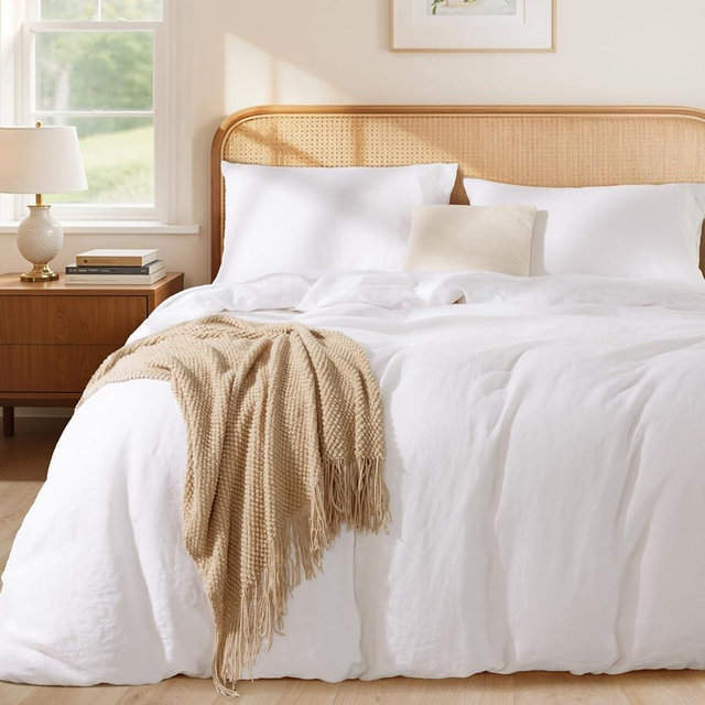 LBRO2M 100% France Linen Duvet Cover Set Queen Size 3 Pcs Natural Flax Comforter Cover with Zipper Closure 2 Pillowcase Breathable Duvet Cover (White Queen)