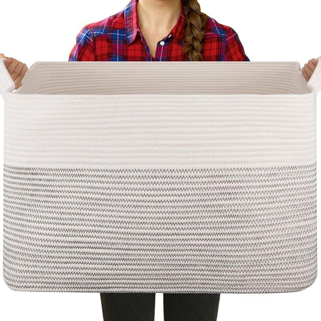 Extra Large Laundry Basket, 95L Blanket Basket for Living Room, Cotton Rope Storage Basket, Toy Basket for Kids, Woven Basket for Clothes, Towels, Pillows, 24" x 17" x 14", Black and White