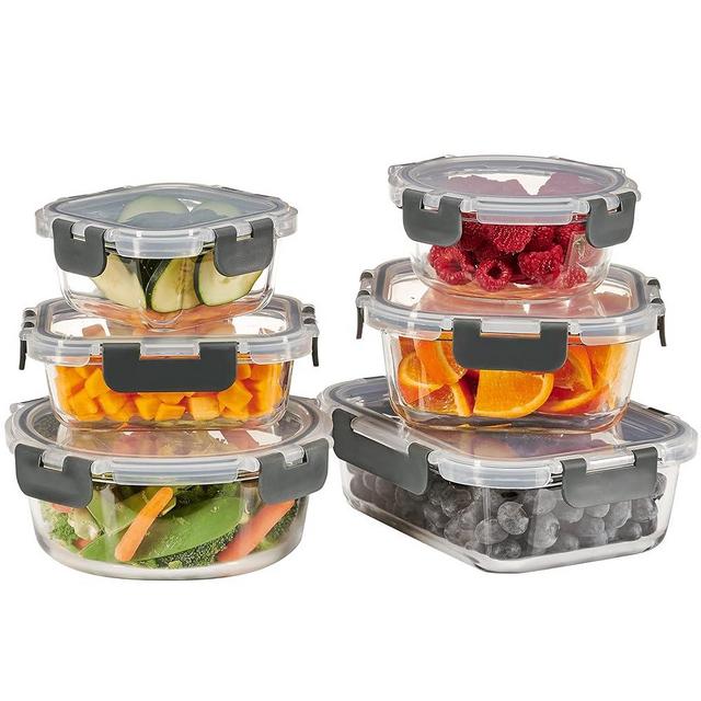 FineDine 12-Piece Superior Glass Food Storage Containers Set - Newly Innovated Hinged Locking lids - 100% Leak Proof Glass Meal Prep Containers, Great on-the-go & Freezer to Oven Safe Food Containers