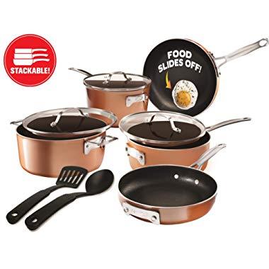 Gotham Steel Stackable Pots and Pans Set – Stackmaster 10 Piece Cookware Set with Ultra Nonstick Cast Texture Ceramic Coating, Saves 30% Space, Sauce Pans, Stock Pots, Skillets & More –Dishwasher Safe