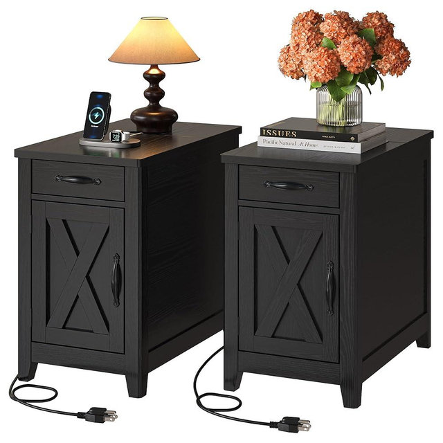 IRONCK End Table with Charging Station, Narrow Side Table for Living Room, Night Stand Set of 2 with Drawer and Cup Holder, Farmhouse Bedside Table with USB Ports and Outlets for Home, Black