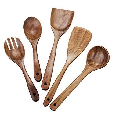 Beauty Kate Wooden Kitchen Utensil Set 5 Cooking Utensils Spatula Spoons for Cooking Nonstick Cookware, 100% Handmade by Natural Teak Wood