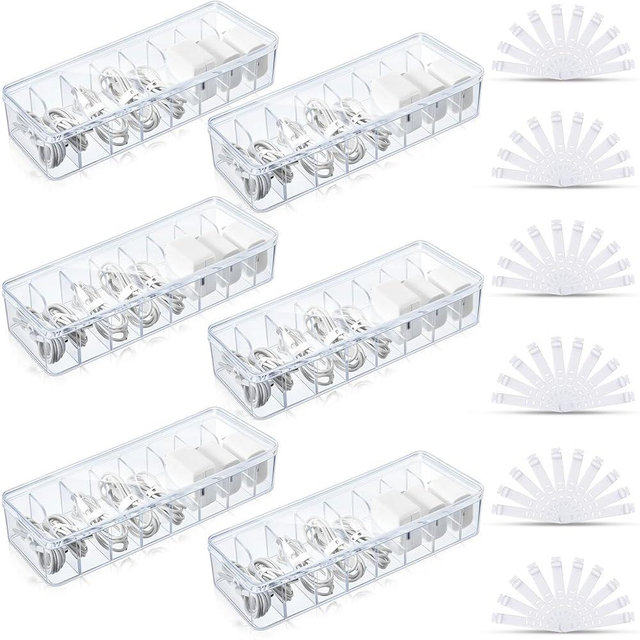 Tatuo 6 Pcs Cable Organizer Box with Wire Ties, Plastic Cord Storage Box with Lid, Electronics Organizer for Home Office Desk Organizers and Accessories (Clear)