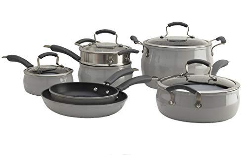 Epicurious Cookware Collection- Dishwasher Safe Oven Safe, Nonstick Aluminum 11 Piece Drizzle Grey Cookware Set