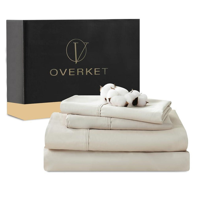 Overket 1000 Thread Count Egyptian Cotton Sheets Queen Size Set 4PCS Sateen Weave Soft Breathable 16-Inch Deep Pocket（Queen,Linen）