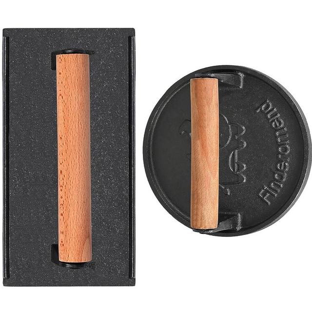 Finderomend Hamburger Press,Cast Iron Grill Press,Heavy Duty Smash Meat,Bacon,Steak & Burger Press with Wooden Handle for Blackstone Pitboss Weber Treager Griddle (Round Fish & Rectangular Calf)