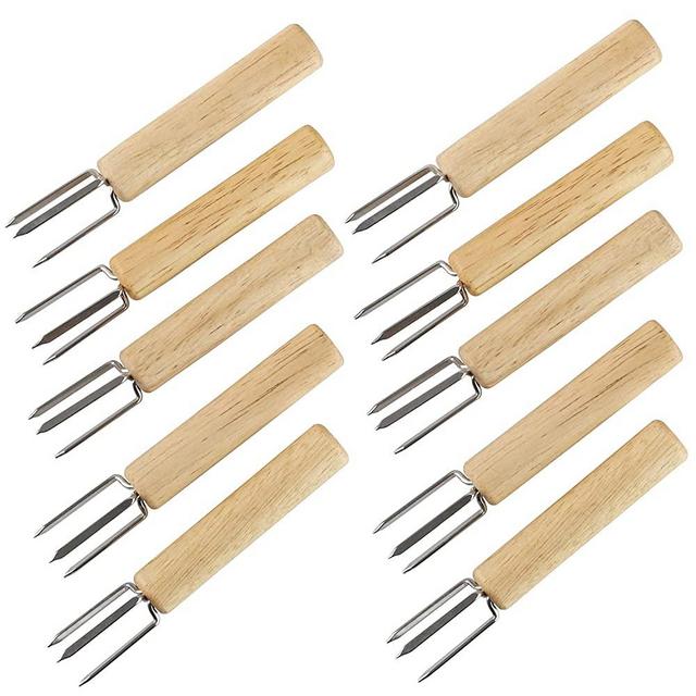 YellRin Corn Holders Set of 10 Stainless Steel Corn on The Cob Holders Fruit Forks with Wood Handle for Home Cooking and BBQ Twin Prong Sweetcorn Holders