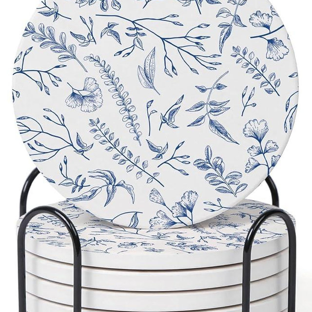 Hoomey Set of 6 Floral Blue and White Coasters with Holder, Absorbent Ceramic Drink Coasters with Cork Backing for Table Protection, Coffee Table Décor