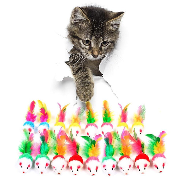 FYNIGO Cat Mouse Toys,17 PCS Cat Toy Mice Rattle Set,Interactive Cat Toy for Indoor Cats and Kittens,Assorted Color Catnip Toys with Feather Tail