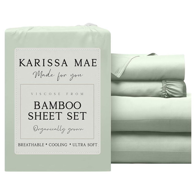 KARISSA MAE Cooling Bamboo Viscose Cal King Sheet Set | 100% Organically Grown | 18” Deep Pocket | Silky, Soft, & Hypoallergenic | with Organizer Band & Elastic Corner Straps [Sea Glass]