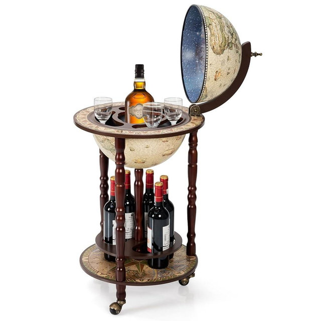 S AFSTAR Safstar 17.5” Wood Globe Wine Bar Cart, 16th Century Italian Replica Liquor Bottle Storage Shelf w/Bottom Shelf & 3 Wheels, Movable Globe Bar Wine Stand Holder for Spirits Beverage Stemware
