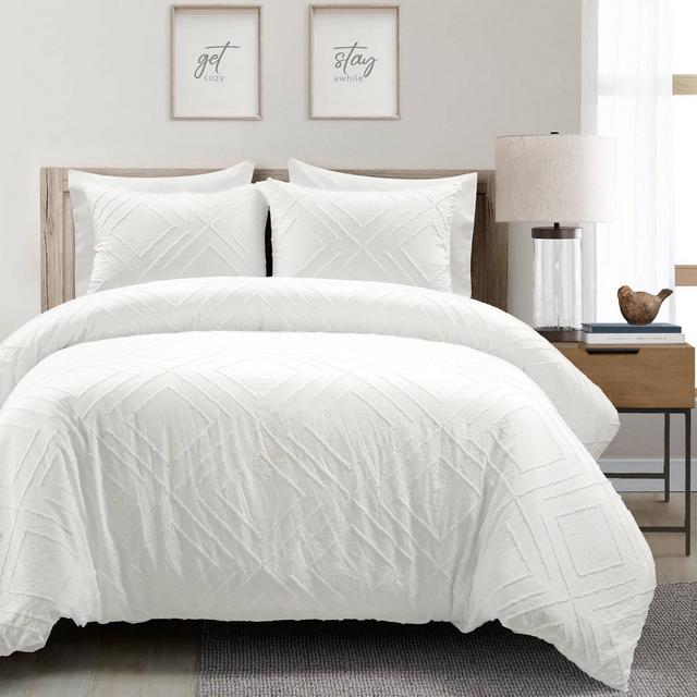 3pc Full/Queen Diamond Clip Jacquard Duvet Cover Set White - Lush Décor