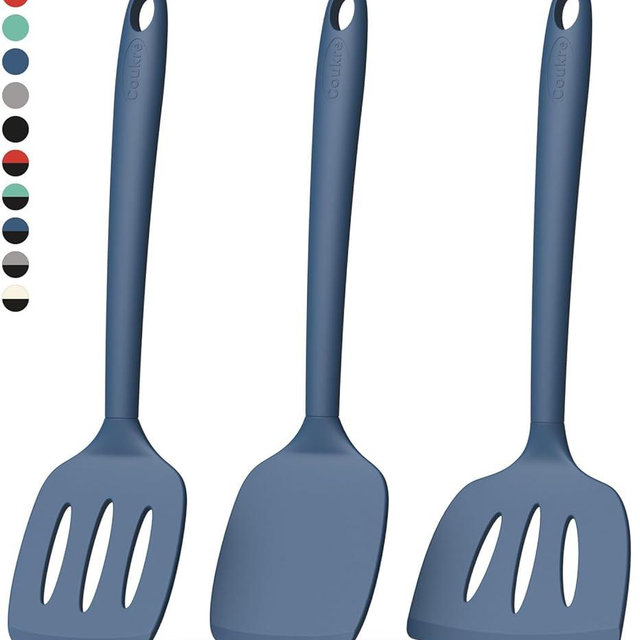 Coukre Silicone Spatula Set of 3, High Heat Resistant, BPA-Free, Kitchen Utensils, Fish Spatula, Solid & Slotted Turner for Non-Stick Pans, Flipping Eggs, Pancakes, Fish, Burgers (3, PureDarkBlue)