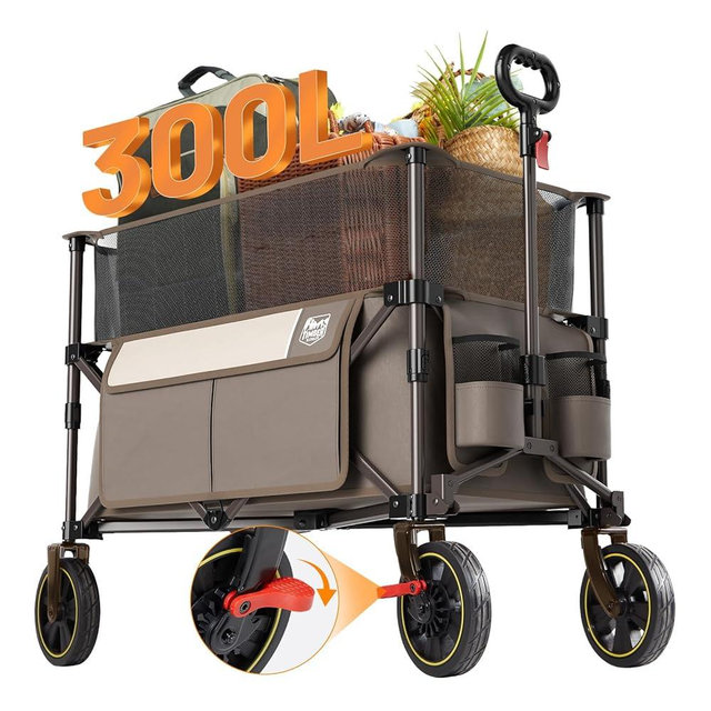 TIMBER RIDGE Collapsible Outdoor Folding Wagon Cart Heavy Duty Camping Patio Shopping Garden Cart with Side Bag Cup Holder Tan Extra Large