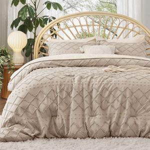 Bedsure Oversized Set, Boho Tufted Shabby Chic Bedding for Kids, 3 Pieces Vintage Farmhouse Bed Set for All Seasons, Fluffy Soft Bedding with 2 Pillow Shams - Warm Tan, Queen Comforter + 2 Standard Shams