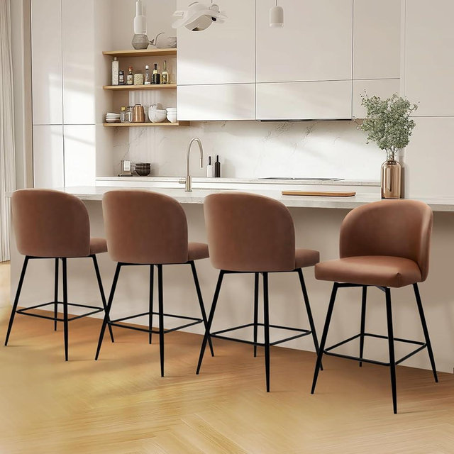 VATROS Counter Height Bar Stools Set of 4, 360° Swivel Upholstered Barstools with Backs and Metal Legs, 26" H Seat Height, Faux Leather in Walnut Brown