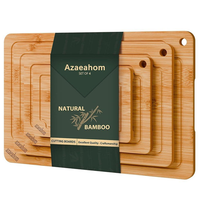 Bamboo Cutting Boards for Kitchen, 4-Piece Wood Cutting Board Set with Juice Grooves & Built-in Handles, Easy Storage & Clean Chopping Board for Meat, Vegetables, Fruit