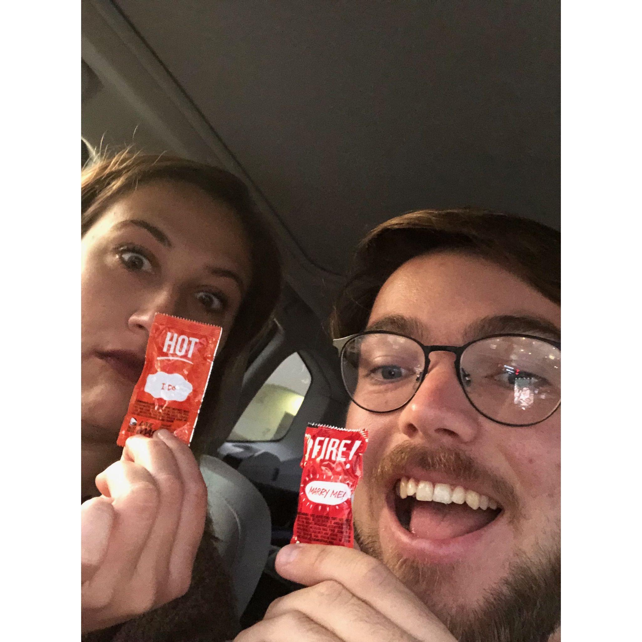 Taco packets in our first year of dating, now here we are saying I do!