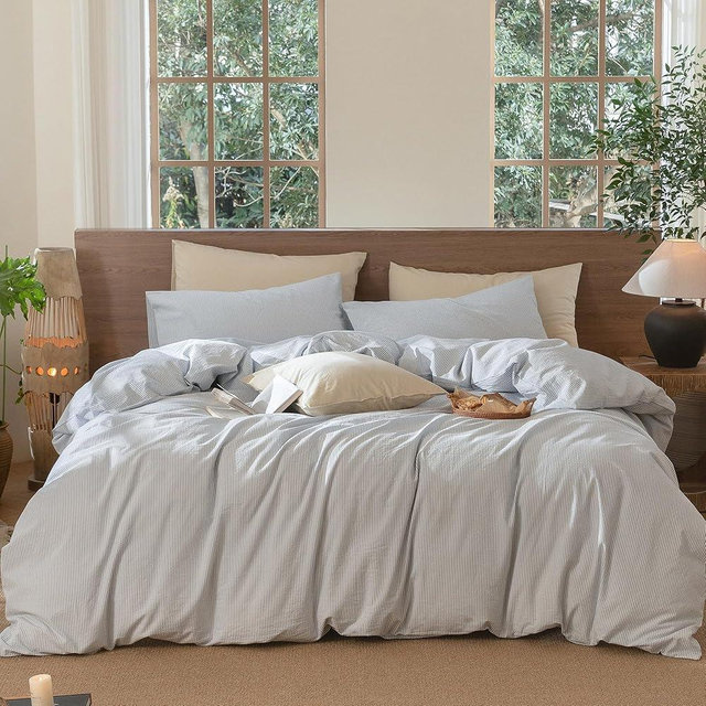 MooMee Striped Duvet Cover Set 100% Washed Cotton Linen Like Textured Breathable Durable Soft Comfy (Cornflower Blue White Pinstripes, King 104"x90")