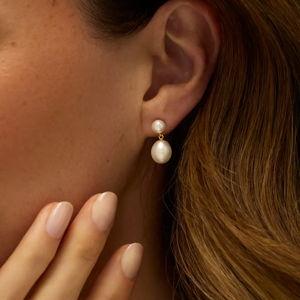 Gold Double Pearl Drop Stud Earrings