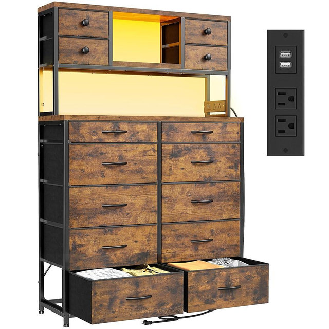 EnHomee 62.8" H Dresser for Bedroom with Multiple Drawers,Fabric Dresser with Charging Station and LED Lights,Dressers & Chests of Drawers for Bedroom, Steel Frame & Wooden Top,Rustic Brown