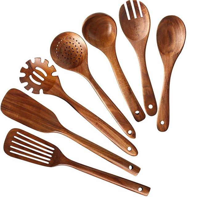 Wooden Kitchen Utensils set,NAYAHOSE Wooden Spoons for cooking Natural Teak Wood Kitchen Spatula Set for Cooking including Spoon Ladle Fork 7 Pack