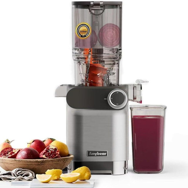 Cold Press Juicer, Anybear 200W Slow Masticating Juicer 4.3" Large Feed Chute Fit Whole Fruits Vegetables | Heavy-Duty Auger | Tritan Material | BPA Free | Juice Recipes (Silver)