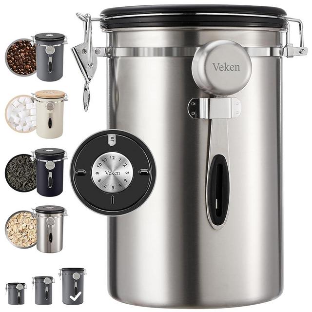 Veken Coffee Canister, 39OZ Large, Airtight Stainless Steel Food Storage Container for 2.2lbs Coffee Beans, Ground, Sugar, Tea, Flour, Cereal, Kitchen Bar Accessories with Date Tracker & Scoop, Silver