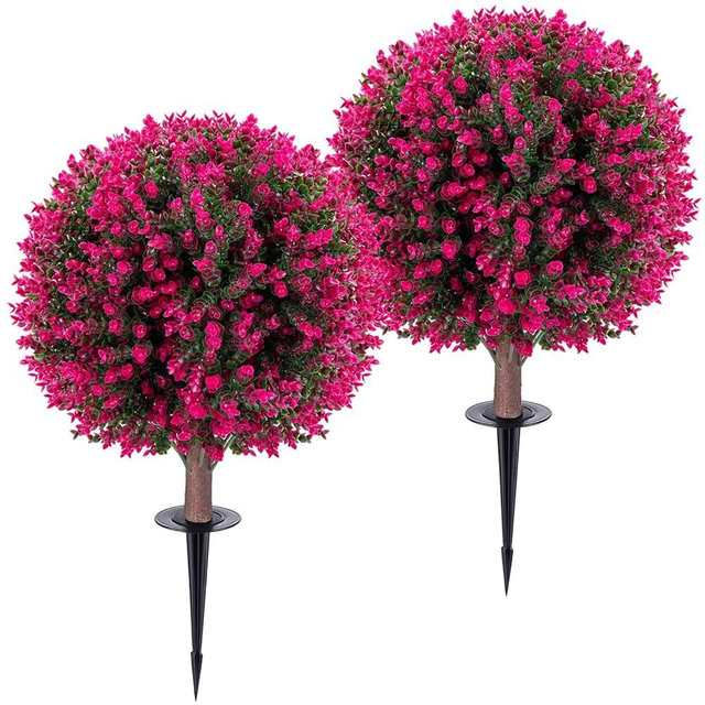 Set of 2 Pink Eucalyptus Artificial Topiary Ball Trees, UV-Resistant Faux Shrubs with Ground Spike, Realistic Boxwood-Style Fake Evergreen Plants for Outdoor Planter, Front Porch, Garden & Patio Decor