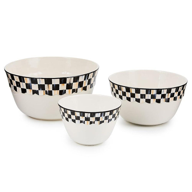 MACKENZIE-CHILDS Set of 3 Everyday Mixing Bowls, Small, Medium, and Large Stoneware Bowls for Kitchen Use, Black-and-White Courtly Check