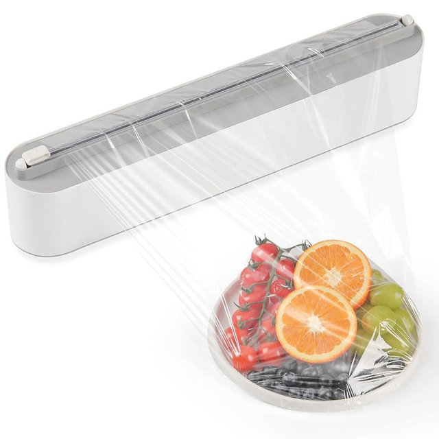 Quasziwa Aluminum Foil & Plastic Wrap Dispenser with Slide Cutter - Magnetic & No-Drill Wall Mount, Cling Film Dispenser for Worktops & Cabinets, Space-Saving Kitchen Organizer - Fits 12" Rolls, White