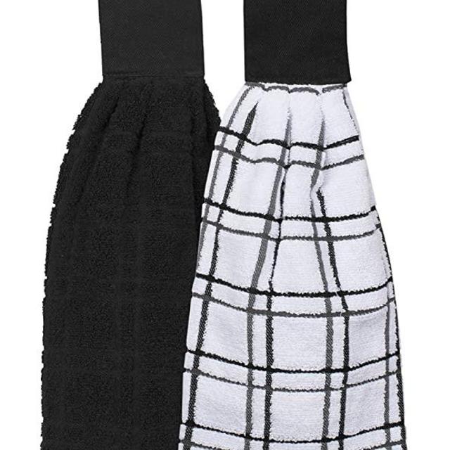 Ritz Kitchen Wears 100% Cotton Checked & Solid Hanging Tie Towels, 2 Pack, Black, 2 Piece