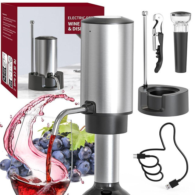 CIRCLE JOY Wine Aerator Electric Wine Aerator Pourer Spout Rechargeable One-touch Wine Decanter with Storage Base, Corskcrew and Vacuum Wine Stopper, Wine Dispenser Gifts for Wine Lovers, Silver