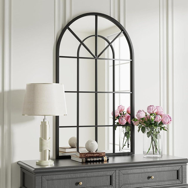 Dewfig Arch Wall Mirror Mounted Decorative, 30"x20", Arched Window Pane Mirror for Wall-Mounted for Entryway, Bathroom Vanity, Living Room or Bedroom, Iron Frame, Black