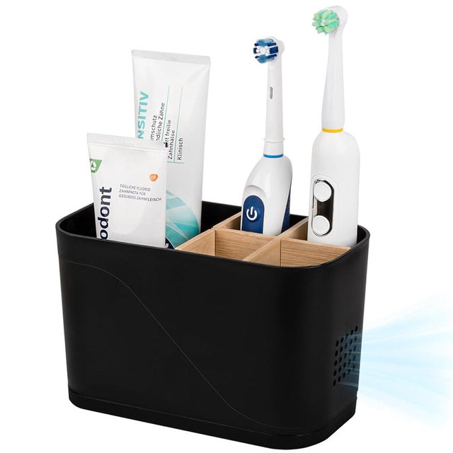Toothbrush Holders for Bathrooms, Electric Tooth Brush Holder with Bamboo Dividers Kids Toothbrush and Toothpaste Organizer for Bathroom Countertop Accessories Storage, 5 Slots, Black