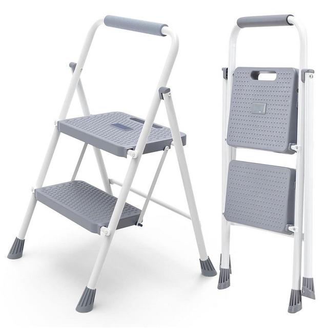 DUMOS Step Ladder, 2 Step Stool Foldable with Anti-Slip Pedal & Comfortable Handrail, 800lbs Capacity Sturdy Steel Ladder, Portable Heavy Duty Step Stool for Kitchen, Garage & Outdoor Use, Grey