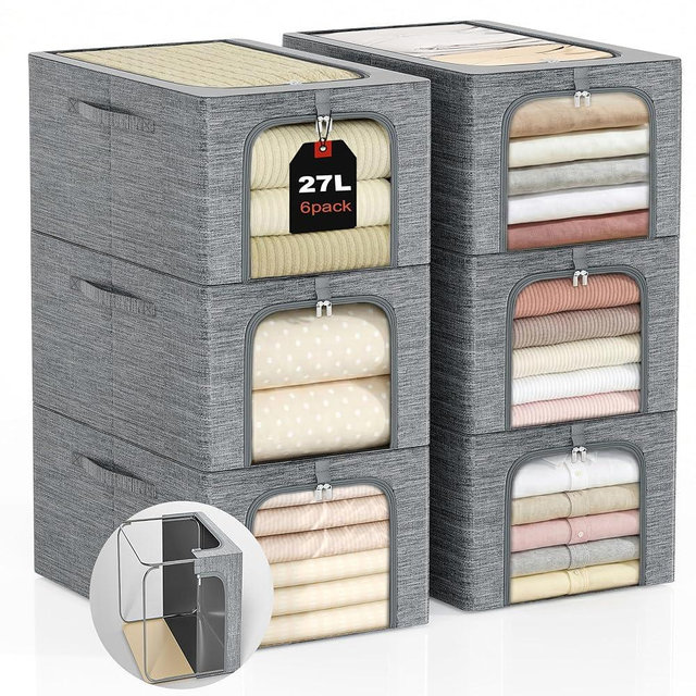 GoMaihe Clothes Storage Bins Metal Frame: 6-Pack Compact Stackable Closet Storage Bin with Lid & Clear Window, Space Saving Organizer for Sweaters Kids Clothing (Dorm/Closet 27L)