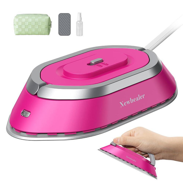Newbealer Travel Iron with Dual Voltage - 120V/220V Mini Dry Iron for Clothes (No Steam), Non-Stick Ceramic Soleplate, 302℉ Heat Press Machine for Quilting & Sewing, 0.95lbs Lightly (Hot Pink)