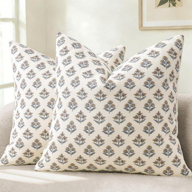 YCOLL Farmhouse Floral Print Throw Pillow Covers 18x18 Set of 2, Rustic Decorative Cushion Covers for Sofa Couch Bed Living Room, Vintage Floral Patterned Cottage Home Decor, Vintage Walnut