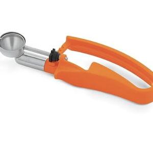 Universal Squeeze Disher | Food Portioning Serving Scoop with 6-3/8" Long Ergonomic Orange Handle for Restaurant Cafeteria | .33 oz Capacity | 1-1/8" Bowl, Stainless Steel, NSF