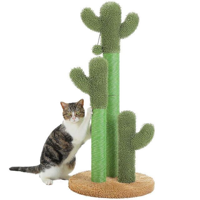 PAWZ Road Cat Scratching Post Cactus Cat Scratcher Featuring with 3 Scratching Poles and Interactive Dangling Ball - 35 Inches