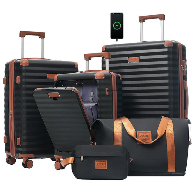 Merax Luggage Sets 3 Piece Front Opening, Hardside Lightweight Carry on Suitcase with Cup Holder USB Port,Durable Expandable Luggage with Bags Spinner Wheels and TSA Lock,Black and Brown