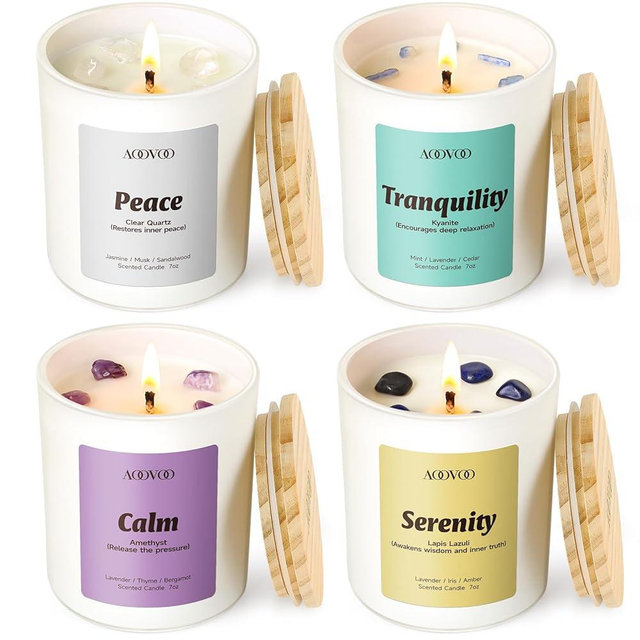 AOOVOO Stress Relief Candles Set for Women - 4 Pack Candles for Home Scented, 28 oz 200 Hour Burn, Aromatherapy Candle with Crystals, Peace/Tranquility Kyanite/Calm Amethyst/Serenity, Lapis Lazuli