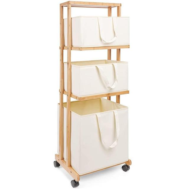 Homde Laundry Basket 3 Tier Bamboo Storage Shelf with Wheels Removable Storage Basket with Handle Freestanding Clothes Hamper Organizer for Bathroom Living Room Bedroom