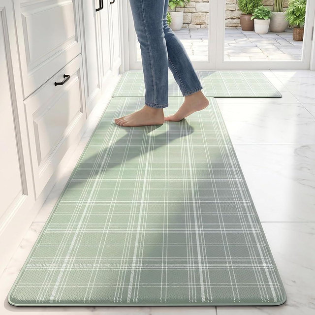 VivaNest Sage Green Tartan Grid Kitchen Rug Sets [2 PCs], Anti-Fatigue, Waterproof Non-Slip Kitchen Mats Heavy Duty Ergonomic Comfort Foam Rug for Floor, Home, Laundry,17.3"x29"+17.3"x47"